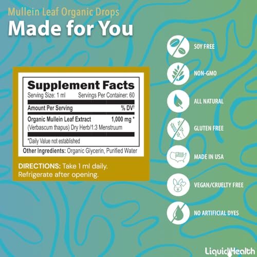 LIQUIDHEALTH USDA Bio-Mulllblatt-Extrakt-Tropfen für die Lunge - Kräuter-Reinigungstropfen für Raucher, Immununterstützung, Atemwegsgesundheit - 1000mg, zuckerfrei, vegan, hergestellt in den USA (2er-Pack)