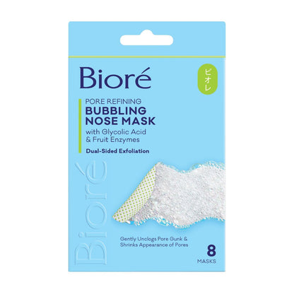 Bioré Pore Refining Bubbling Nose Mask – Glykolsäure & Hyaluronsäure Peeling-Maske für das Gesicht, 8 Stück