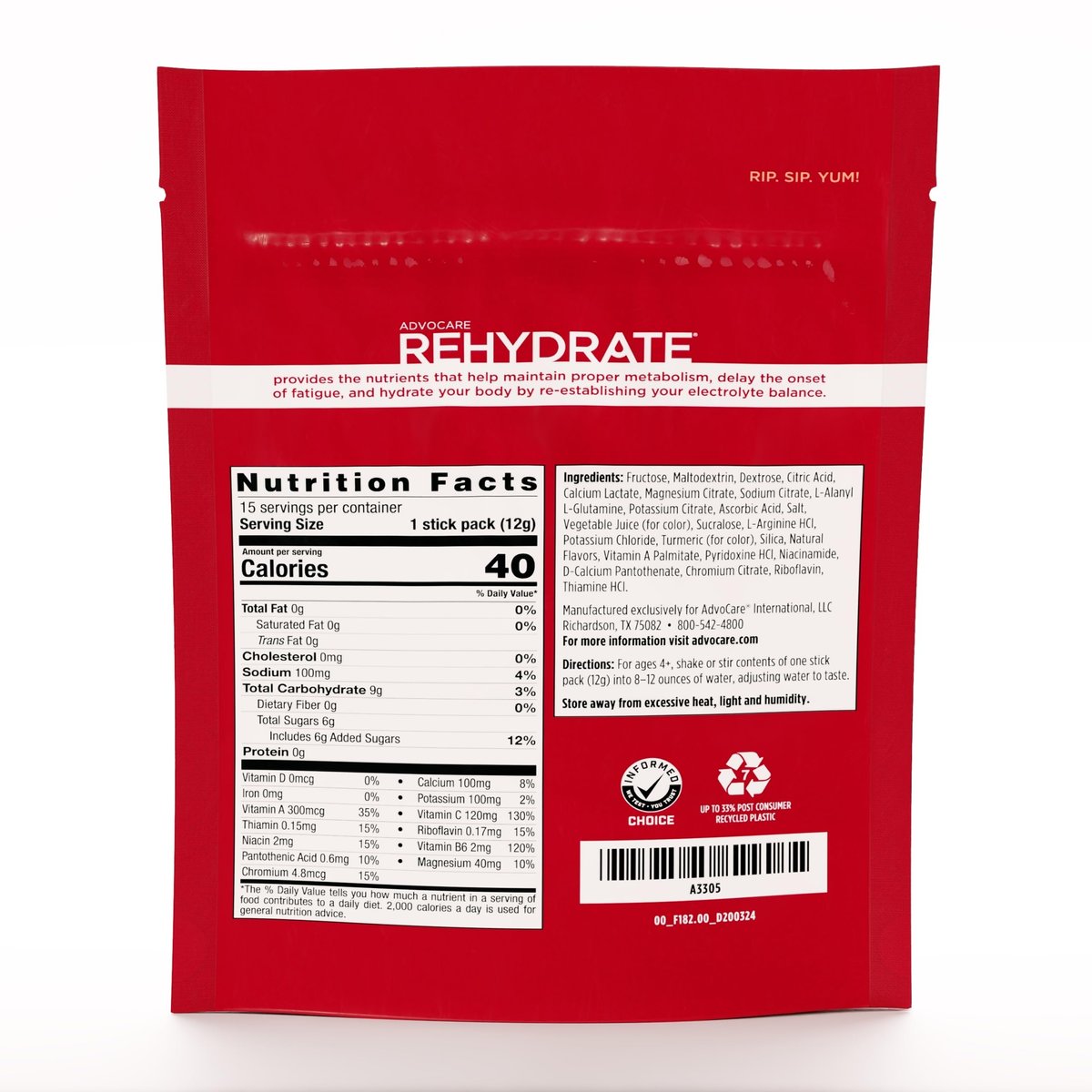 AdvoCare Rehydrate Elektrolyt-Drink-Mix – mit Magnesium, Natrium, Kalium & Calcium – Antioxidantien & Aminosäuren – Hydration & Regeneration – Granatapfel-Mandarine, 15 Sticks (6,3 oz)