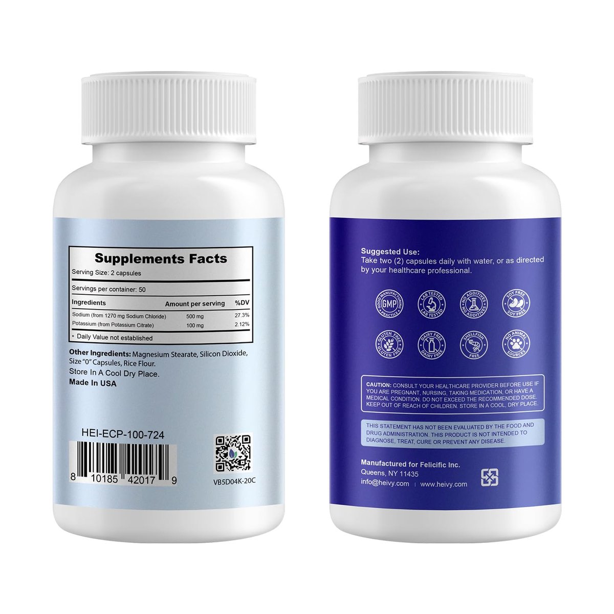 Heivy Elektrolyt-Kapseln, Hochdosierte Salz-Tabletten (500 mg Natrium & 100 mg Kalium), Salzpillen für POTS, Laufen, Keto, Elektrolyte für Hydrationsergänzung - 100 Stück (Größe 0) - Hergestellt in USA