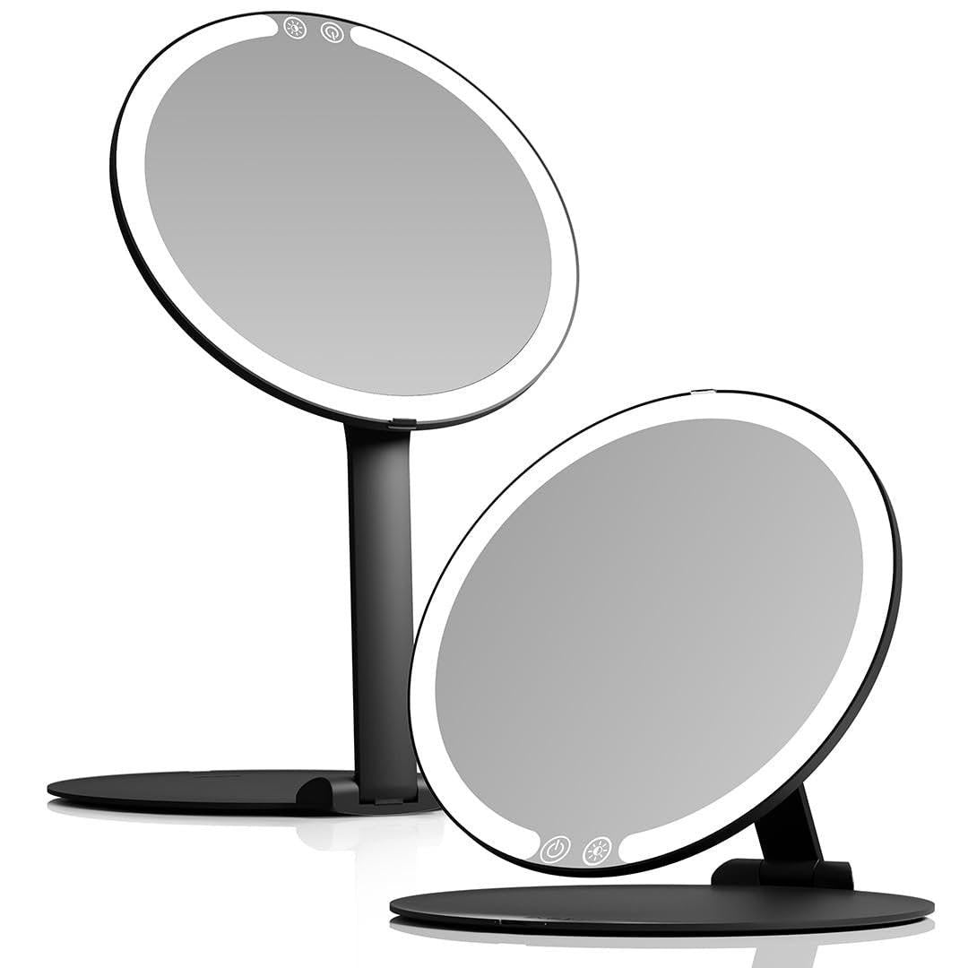 Fancii Abigail Reise-Makeup-Spiegel mit LED-Licht, 8" Klappbarer Ständer, 3 Lichtfarben, Dimmbar & Leichtgewicht, Tragbarer Kosmetikspiegel, Beauty-Reise-Essential (Schwarz)