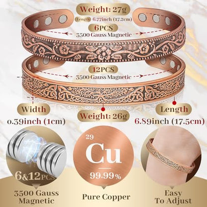 Kupfer Armreif für Damen, Magnetischer Armreif mit 3500 Gauss Magneten, 100% reines Kupfer Schmuck mit Geschenkbox (Set mit 2)