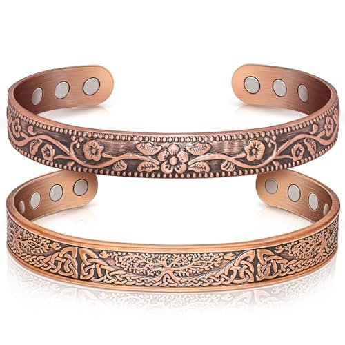 Kupfer Armreif für Damen, Magnetischer Armreif mit 3500 Gauss Magneten, 100% reines Kupfer Schmuck mit Geschenkbox (Set mit 2)