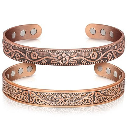 Kupfer Armreif für Damen, Magnetischer Armreif mit 3500 Gauss Magneten, 100% reines Kupfer Schmuck mit Geschenkbox (Set mit 2)