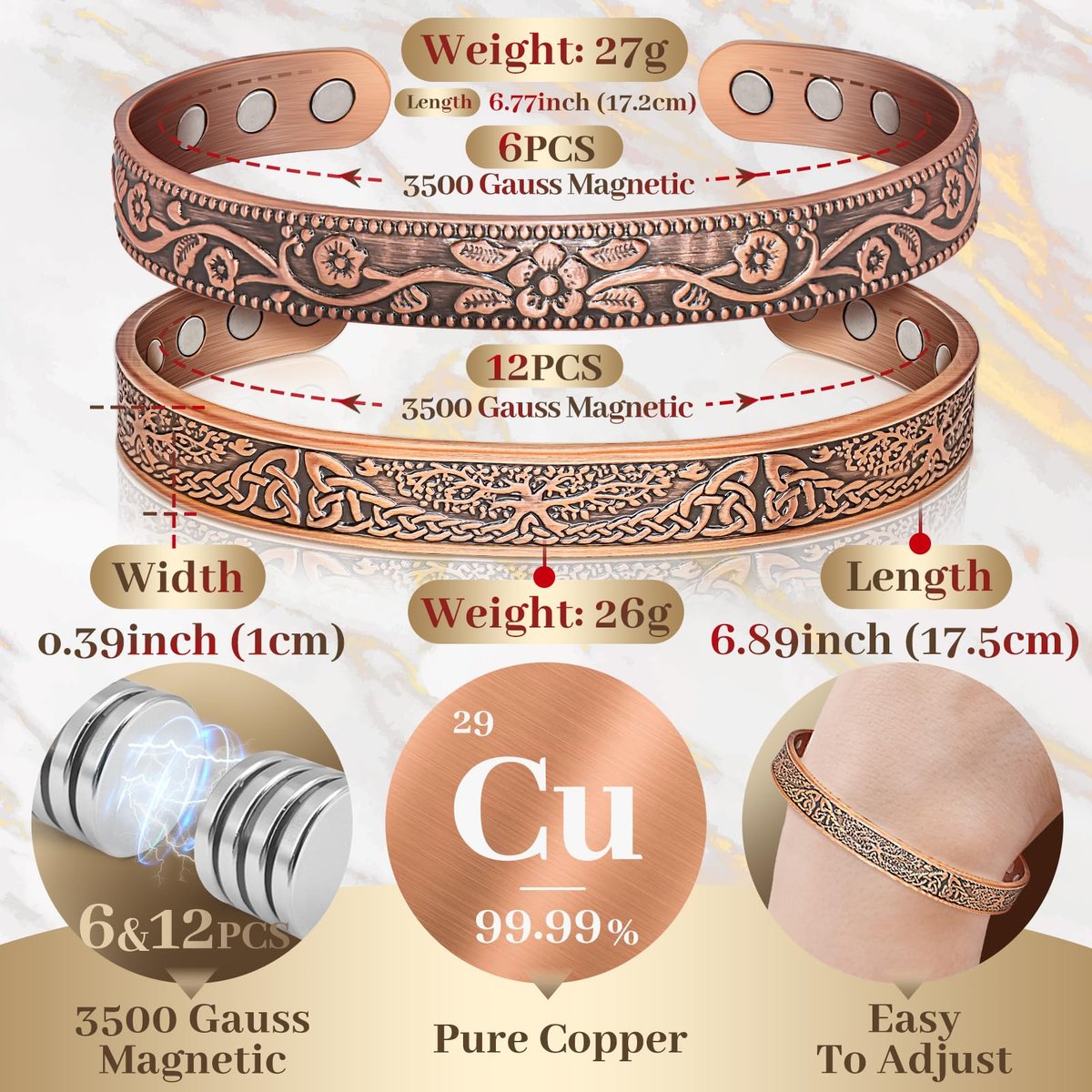 Kupfer Armreif für Damen, Magnetischer Armreif mit 3500 Gauss Magneten, 100% reines Kupfer Schmuck mit Geschenkbox (Set mit 2)