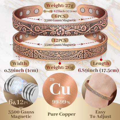 Kupfer Armreif für Damen, Magnetischer Armreif mit 3500 Gauss Magneten, 100% reines Kupfer Schmuck mit Geschenkbox (Set mit 2)
