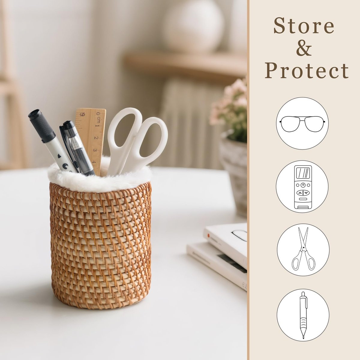 Mkono Brillenhalter aus Rattan mit Plüschauskleidung – Schützende Brillenablage für Nachttisch, Schreibtisch, Küche – Hält mehrere Brillen – Braun, Klein