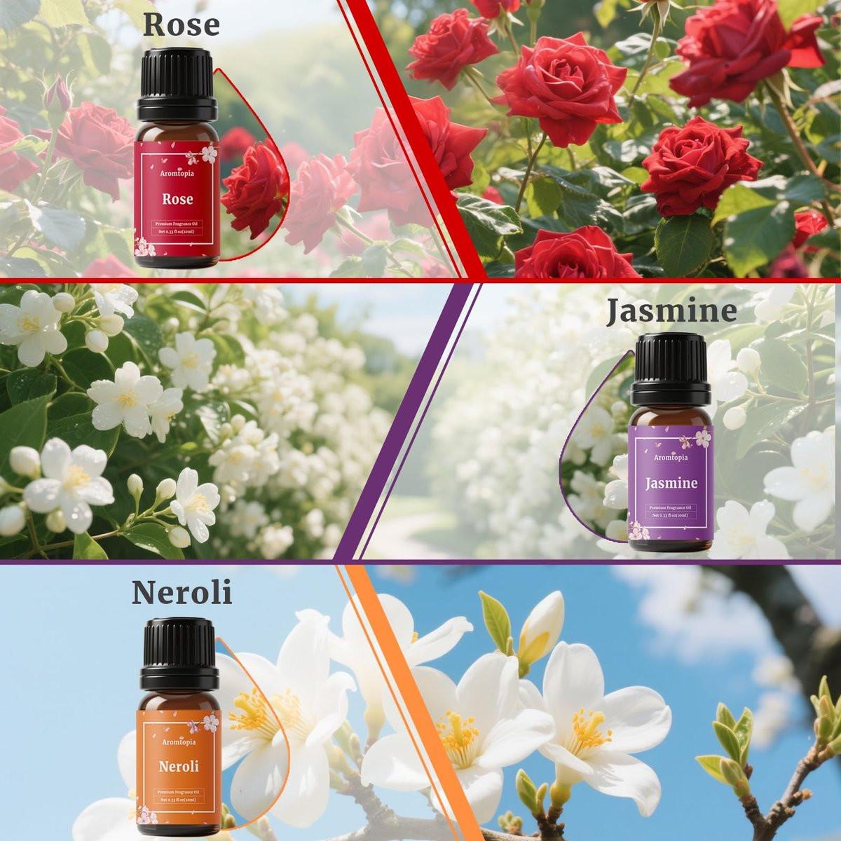 AROMTOPIA Blumen Duftöle Set – 6x10ml Florale Essential Öle für Diffuser, Seifen- und Kerzenherstellung: Lavendel, Rose, Gardenie, Kirschblüte, Jasmin, Neroli