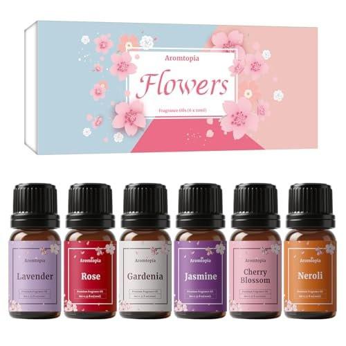 AROMTOPIA Blumen Duftöle Set – 6x10ml Florale Essential Öle für Diffuser, Seifen- und Kerzenherstellung: Lavendel, Rose, Gardenie, Kirschblüte, Jasmin, Neroli