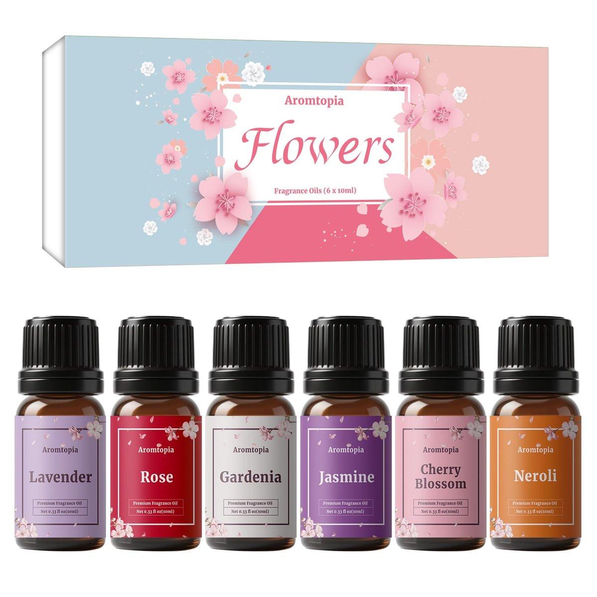 AROMTOPIA Blumen Duftöle Set – 6x10ml Florale Essential Öle für Diffuser, Seifen- und Kerzenherstellung: Lavendel, Rose, Gardenie, Kirschblüte, Jasmin, Neroli