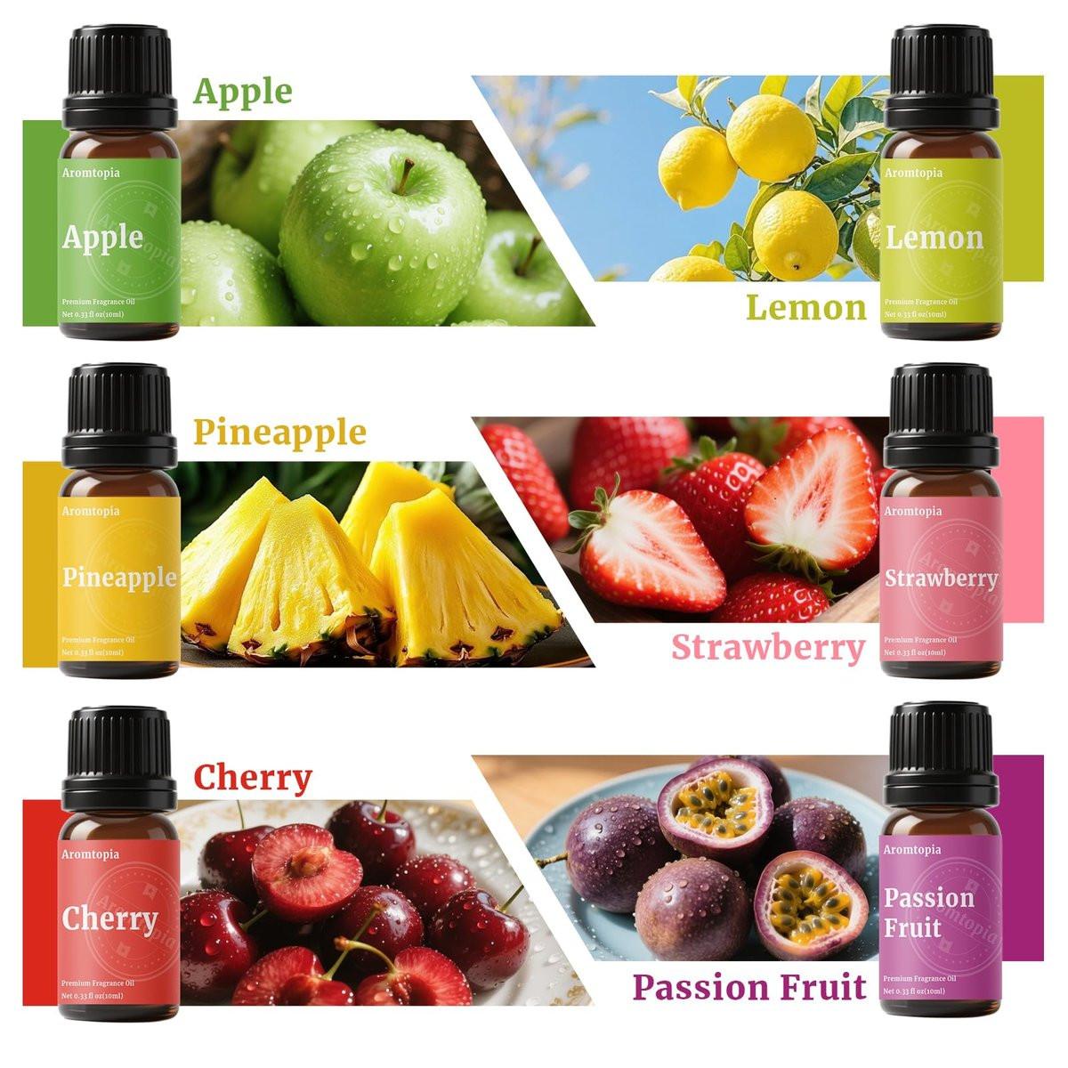 Frucht-Duftöle, Aromtopia 6x10ml Fruchtige Aromaöle für Diffuser, Seifen- und Kerzenherstellung – Erdbeere, Ananas, Zitrone, Kirsche, Passionsfrucht, Apfel – Geschenkset