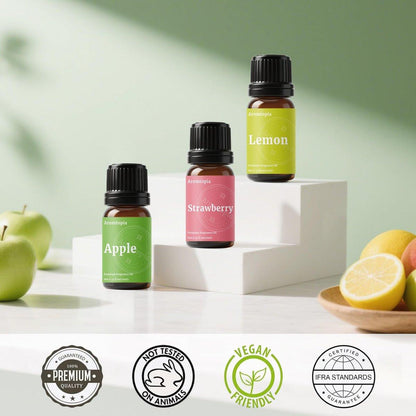 Frucht-Duftöle, Aromtopia 6x10ml Fruchtige Aromaöle für Diffuser, Seifen- und Kerzenherstellung – Erdbeere, Ananas, Zitrone, Kirsche, Passionsfrucht, Apfel – Geschenkset