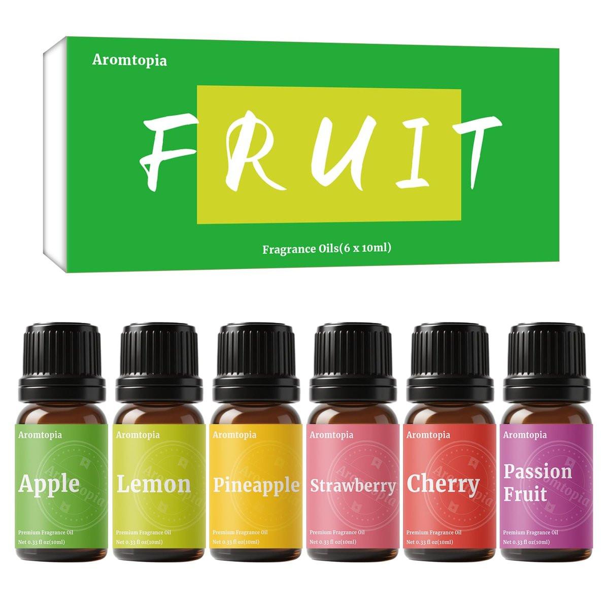 Frucht-Duftöle, Aromtopia 6x10ml Fruchtige Aromaöle für Diffuser, Seifen- und Kerzenherstellung – Erdbeere, Ananas, Zitrone, Kirsche, Passionsfrucht, Apfel – Geschenkset