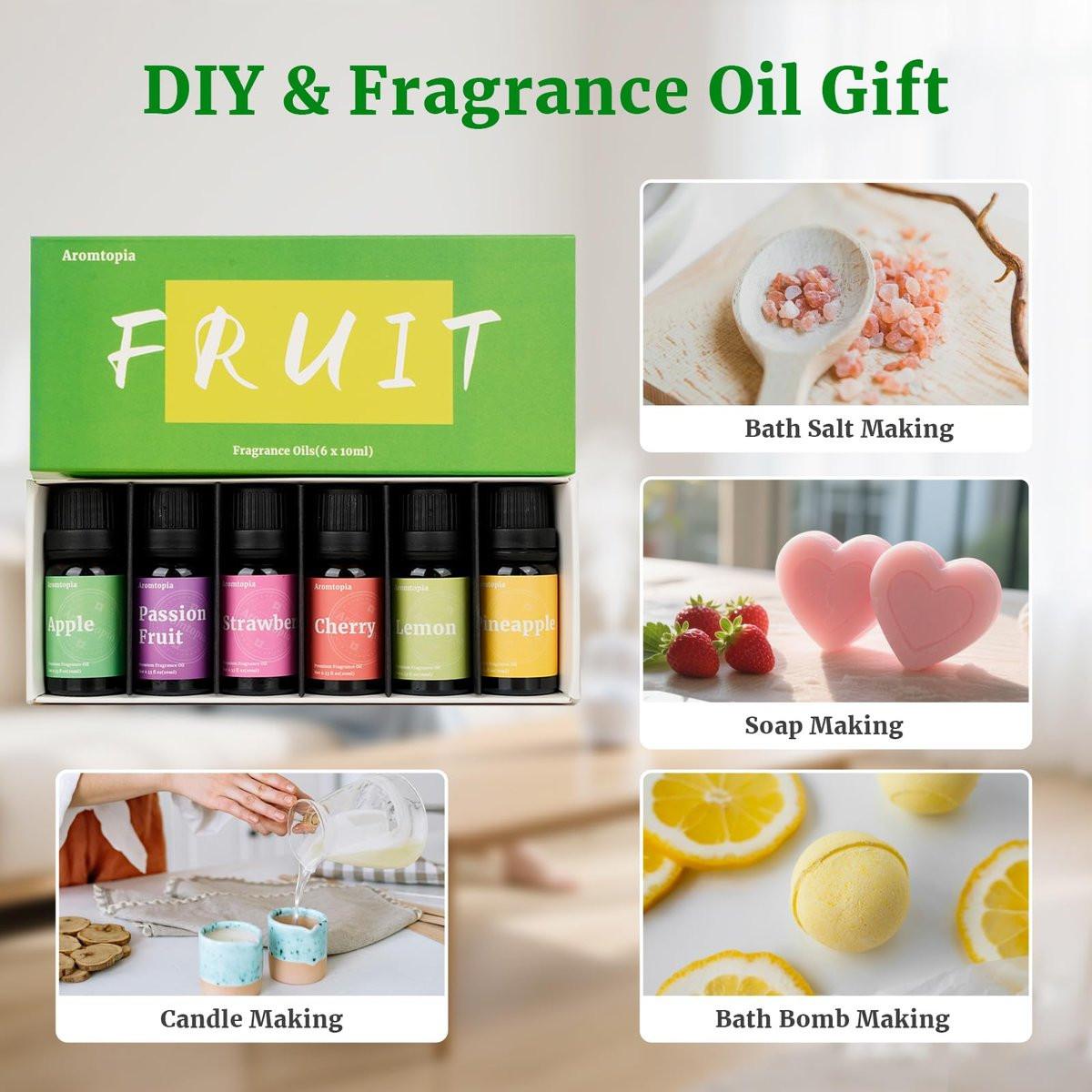 Frucht-Duftöle, Aromtopia 6x10ml Fruchtige Aromaöle für Diffuser, Seifen- und Kerzenherstellung – Erdbeere, Ananas, Zitrone, Kirsche, Passionsfrucht, Apfel – Geschenkset