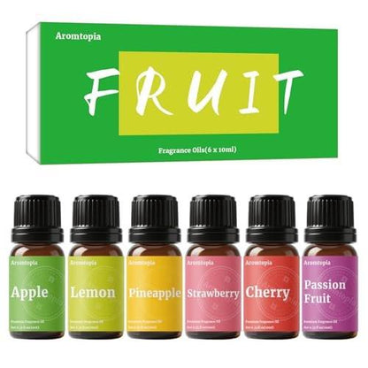 Frucht-Duftöle, Aromtopia 6x10ml Fruchtige Aromaöle für Diffuser, Seifen- und Kerzenherstellung – Erdbeere, Ananas, Zitrone, Kirsche, Passionsfrucht, Apfel – Geschenkset