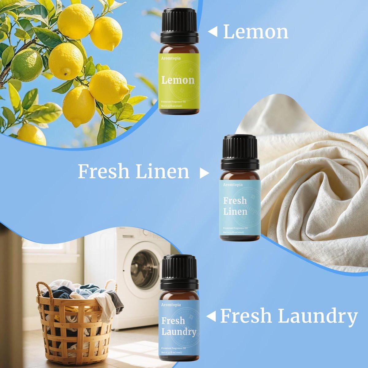 AROMTOPIA Diffuser Duftöle – 6x10ml Frische Zuhause Set für Aromadiffuser, Duftlampe, Seifen- und Kerzenherstellung – Frische Wäsche, Meeresbrise, Zitrone