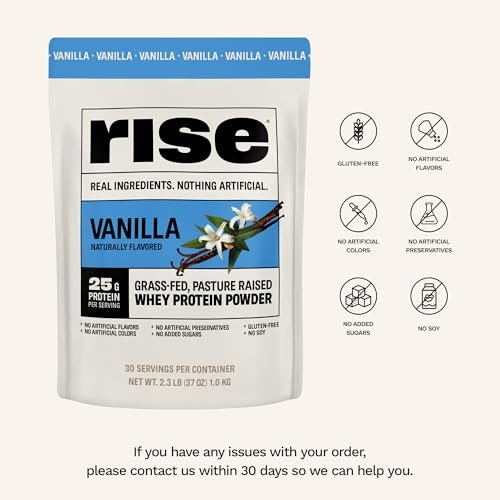 Rise Grass-Fed Whey Proteinpulver Vanille - 25g Protein, ohne künstliche Aromen, Farbstoffe oder Konservierungsstoffe - Zuckerfrei, glutenfrei, sojafrei (Einzelportion, 1 Packung)