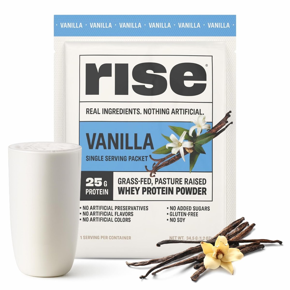 Rise Grass-Fed Whey Proteinpulver Vanille - 25g Protein, ohne künstliche Aromen, Farbstoffe oder Konservierungsstoffe - Zuckerfrei, glutenfrei, sojafrei (Einzelportion, 1 Packung)