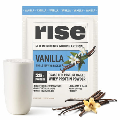 Rise Grass-Fed Whey Proteinpulver Vanille - 25g Protein, ohne künstliche Aromen, Farbstoffe oder Konservierungsstoffe - Zuckerfrei, glutenfrei, sojafrei (Einzelportion, 1 Packung)