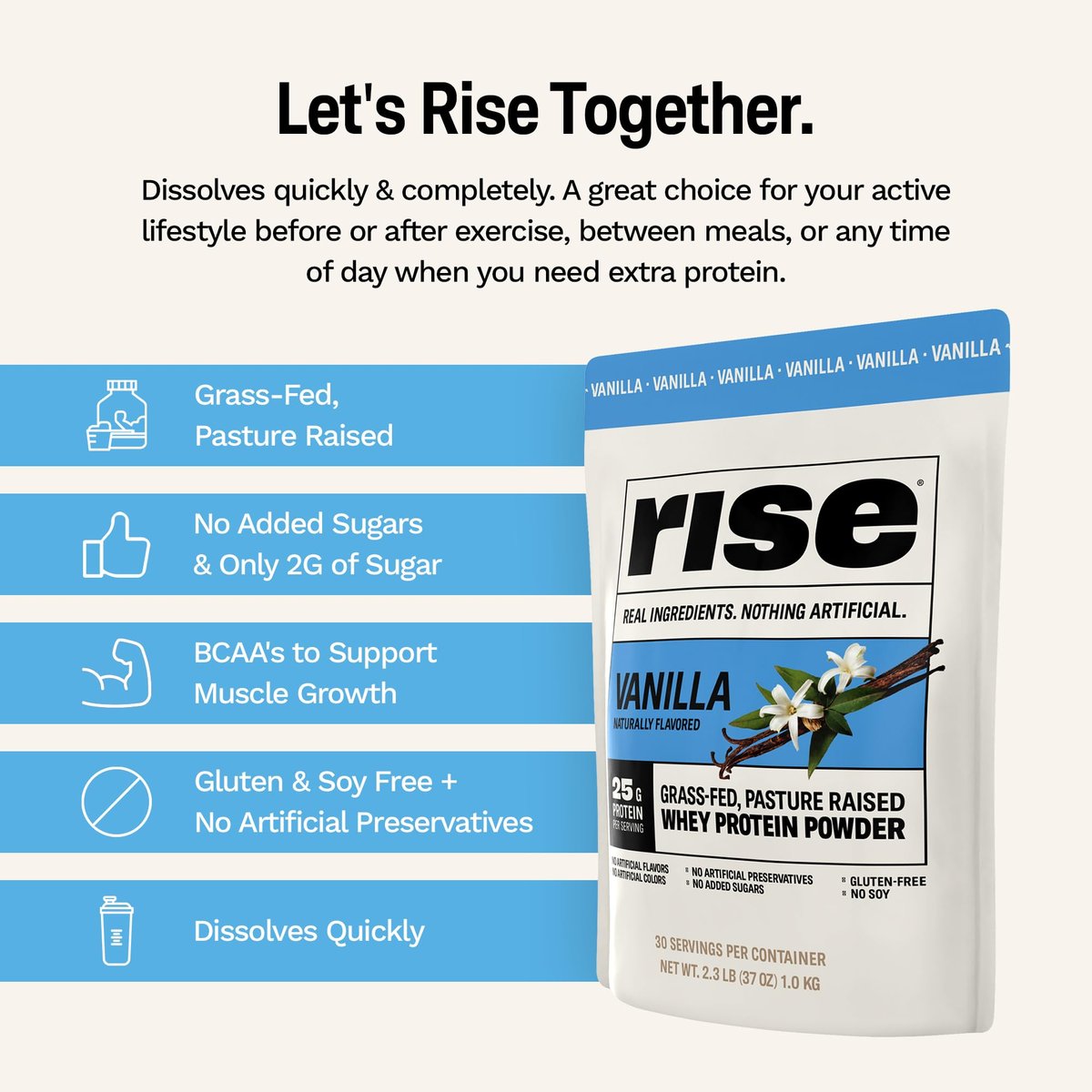 Rise Grass-Fed Whey Proteinpulver Vanille - 25g Protein, ohne künstliche Aromen, Farbstoffe oder Konservierungsstoffe - Zuckerfrei, glutenfrei, sojafrei (Einzelportion, 1 Packung)