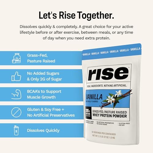 Rise Grass-Fed Whey Proteinpulver Vanille - 25g Protein, ohne künstliche Aromen, Farbstoffe oder Konservierungsstoffe - Zuckerfrei, glutenfrei, sojafrei (Einzelportion, 1 Packung)