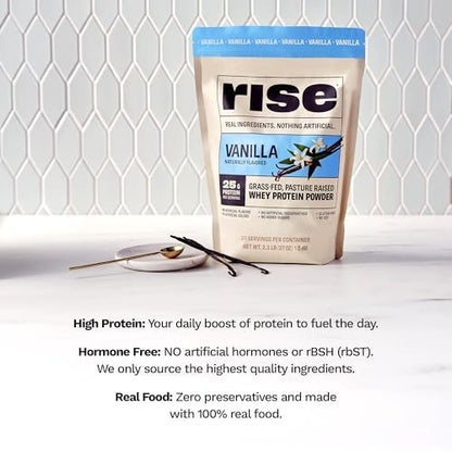 Rise Grass-Fed Whey Proteinpulver Vanille - 25g Protein, ohne künstliche Aromen, Farbstoffe oder Konservierungsstoffe - Zuckerfrei, glutenfrei, sojafrei (Einzelportion, 1 Packung)