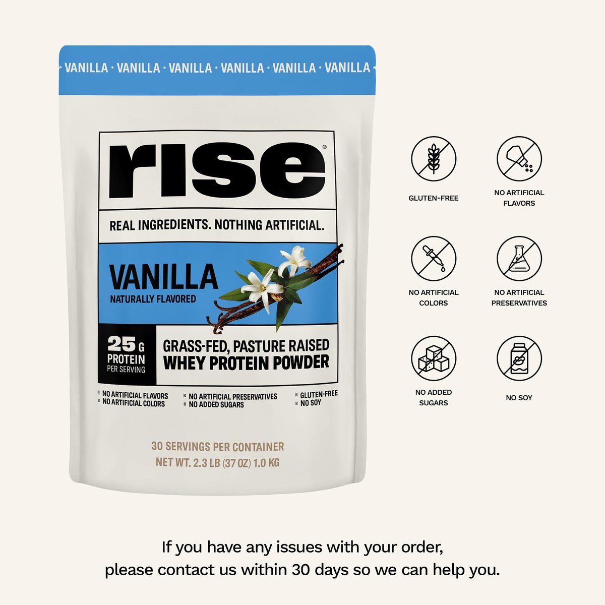 Rise Grass-Fed Whey Proteinpulver Vanille - 25g Protein, ohne künstliche Aromen, Farbstoffe oder Konservierungsstoffe - Zuckerfrei, glutenfrei, sojafrei (Einzelportion, 1 Packung)