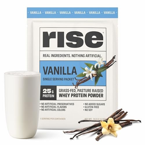 Rise Grass-Fed Whey Proteinpulver Vanille - 25g Protein, ohne künstliche Aromen, Farbstoffe oder Konservierungsstoffe - Zuckerfrei, glutenfrei, sojafrei (Einzelportion, 1 Packung)
