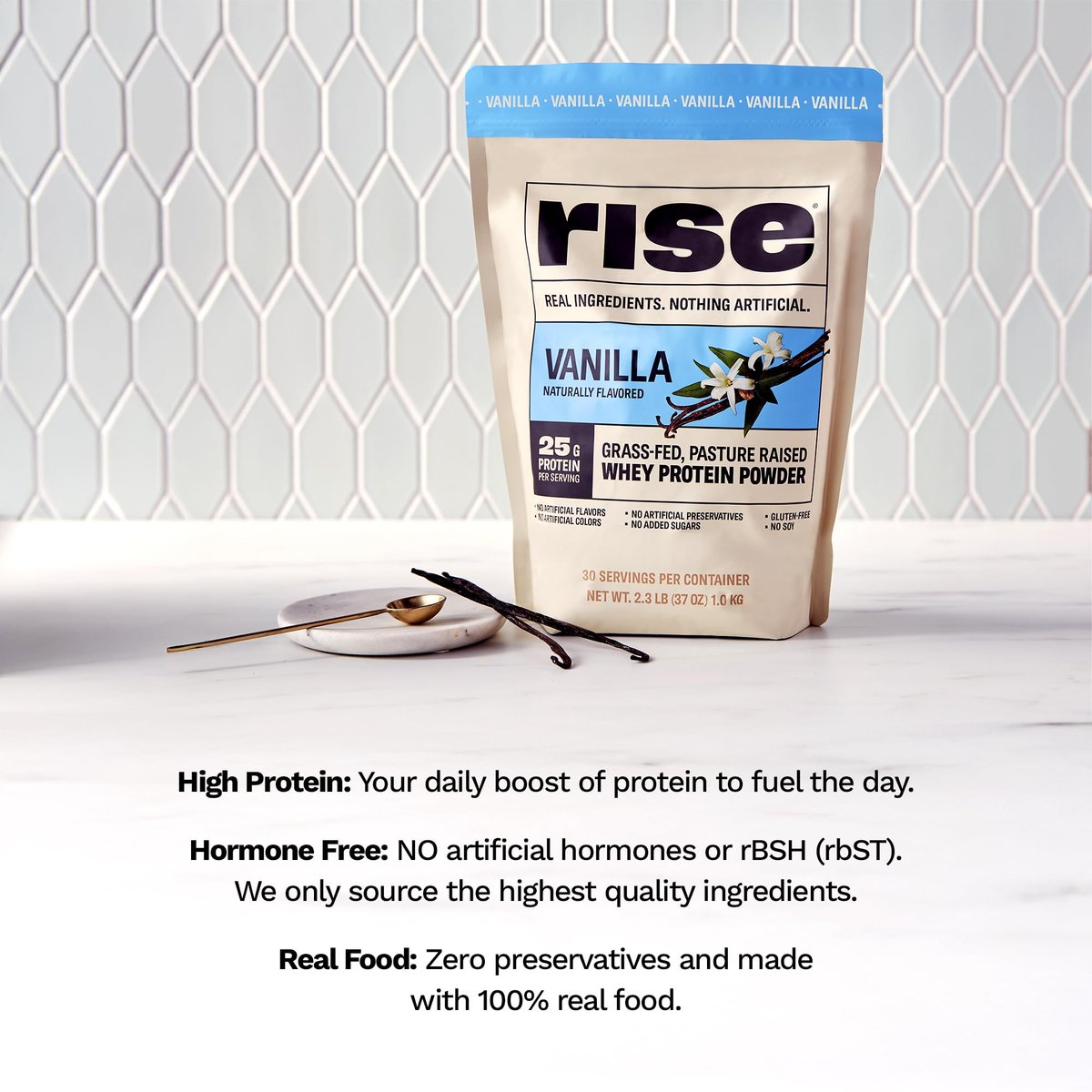 Rise Grass-Fed Whey Proteinpulver Vanille - 25g Protein, ohne künstliche Aromen, Farbstoffe oder Konservierungsstoffe - Zuckerfrei, glutenfrei, sojafrei (Einzelportion, 1 Packung)