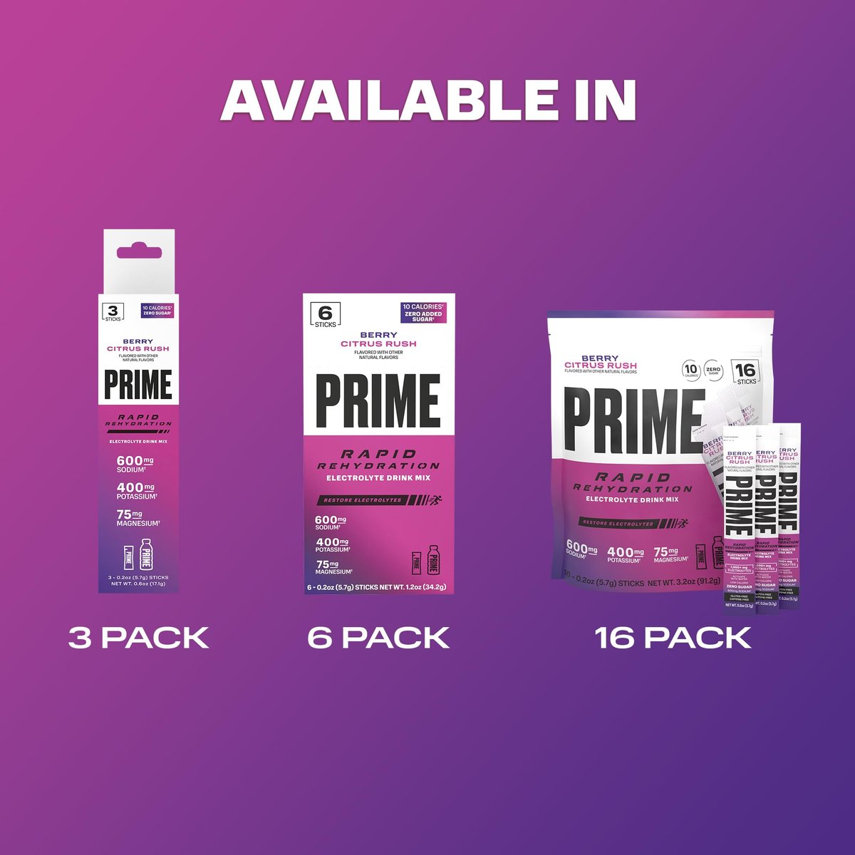 PRIME Rapid Rehydration Elektrolyt-Pulversticks, Berry Citrus Rush, Zuckerfreies Hydrationsgetränk mit Natrium, Kalium, Magnesium & B-Vitaminen, Koffeinfrei, 16 Sticks