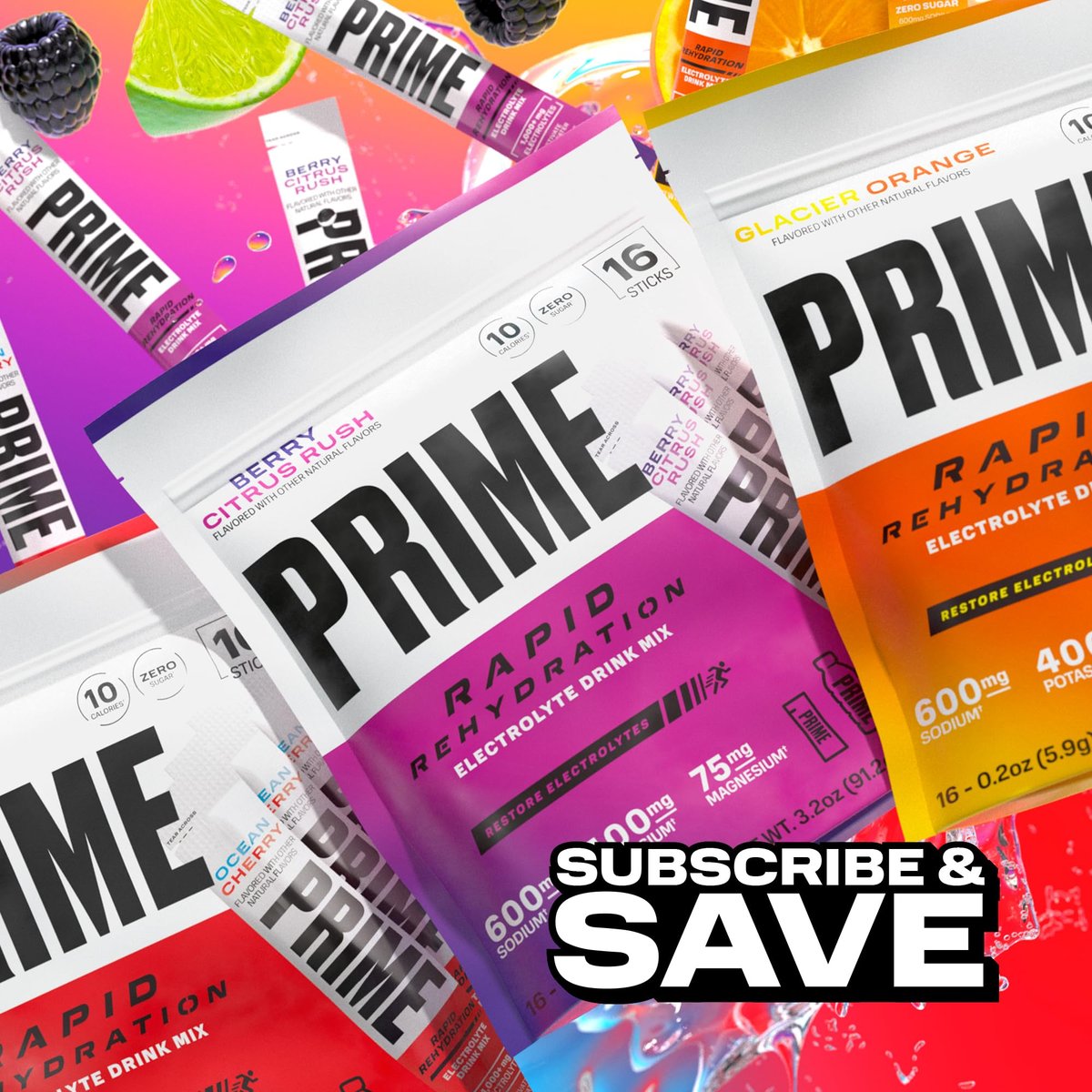 PRIME Rapid Rehydration Elektrolyt-Pulversticks, Berry Citrus Rush, Zuckerfreies Hydrationsgetränk mit Natrium, Kalium, Magnesium & B-Vitaminen, Koffeinfrei, 16 Sticks