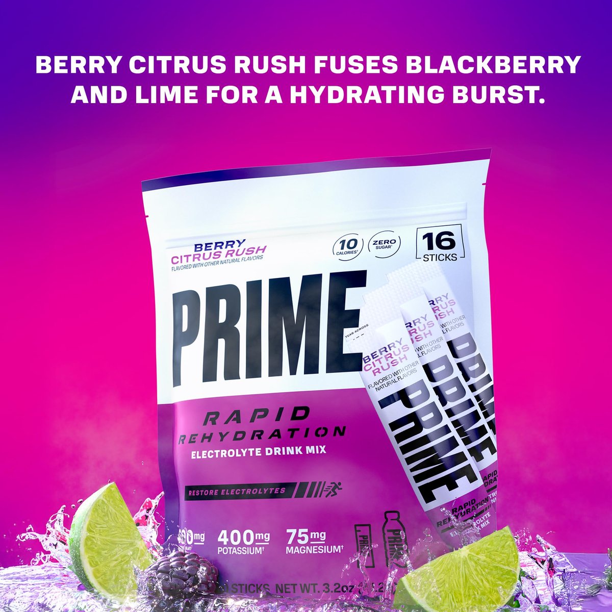PRIME Rapid Rehydration Elektrolyt-Pulversticks, Berry Citrus Rush, Zuckerfreies Hydrationsgetränk mit Natrium, Kalium, Magnesium & B-Vitaminen, Koffeinfrei, 16 Sticks