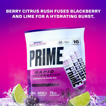 PRIME Rapid Rehydration Elektrolyt-Pulversticks, Berry Citrus Rush, Zuckerfreies Hydrationsgetränk mit Natrium, Kalium, Magnesium & B-Vitaminen, Koffeinfrei, 16 Sticks