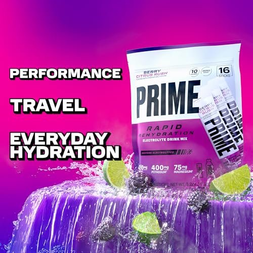 PRIME Rapid Rehydration Elektrolyt-Pulversticks, Berry Citrus Rush, Zuckerfreies Hydrationsgetränk mit Natrium, Kalium, Magnesium & B-Vitaminen, Koffeinfrei, 16 Sticks