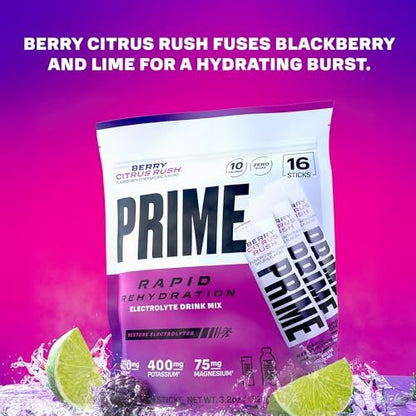 PRIME Rapid Rehydration Elektrolyt-Pulversticks, Berry Citrus Rush, Zuckerfreies Hydrationsgetränk mit Natrium, Kalium, Magnesium & B-Vitaminen, Koffeinfrei, 16 Sticks