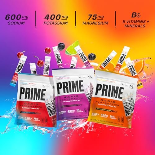 PRIME Rapid Rehydration Elektrolyt-Pulversticks, Berry Citrus Rush, Zuckerfreies Hydrationsgetränk mit Natrium, Kalium, Magnesium & B-Vitaminen, Koffeinfrei, 16 Sticks