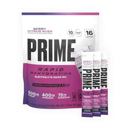 PRIME Rapid Rehydration Elektrolyt-Pulversticks, Berry Citrus Rush, Zuckerfreies Hydrationsgetränk mit Natrium, Kalium, Magnesium & B-Vitaminen, Koffeinfrei, 16 Sticks