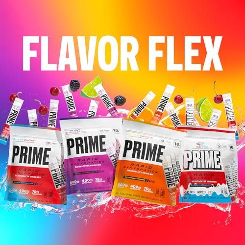 PRIME Rapid Rehydration Elektrolyt-Pulversticks, Berry Citrus Rush, Zuckerfreies Hydrationsgetränk mit Natrium, Kalium, Magnesium & B-Vitaminen, Koffeinfrei, 16 Sticks