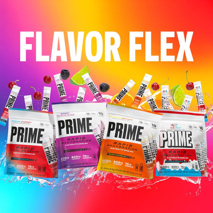 PRIME Rapid Rehydration Elektrolyt-Pulversticks, Berry Citrus Rush, Zuckerfreies Hydrationsgetränk mit Natrium, Kalium, Magnesium & B-Vitaminen, Koffeinfrei, 16 Sticks