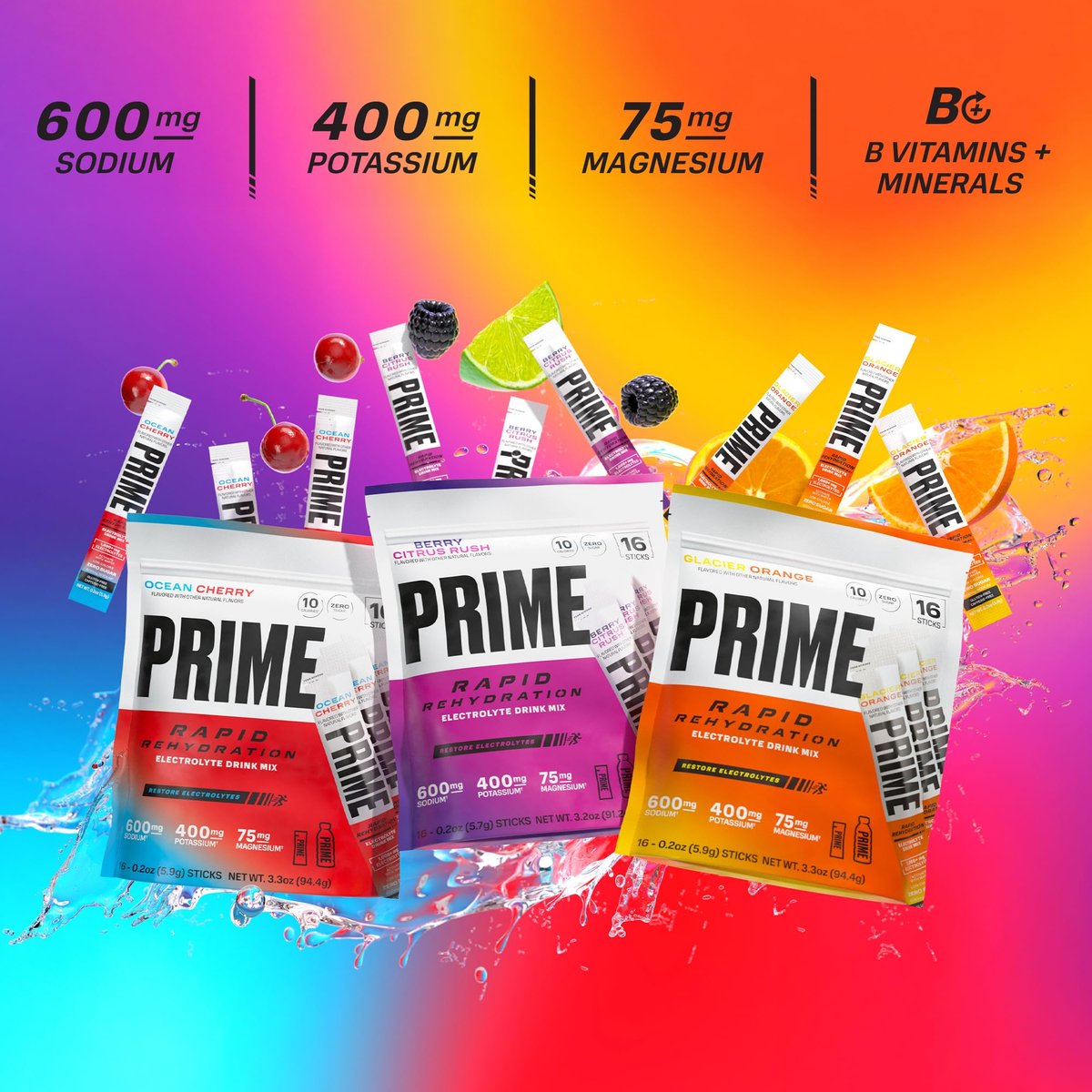 PRIME Rapid Rehydration Elektrolyt-Pulversticks, Berry Citrus Rush, Zuckerfreies Hydrationsgetränk mit Natrium, Kalium, Magnesium & B-Vitaminen, Koffeinfrei, 16 Sticks