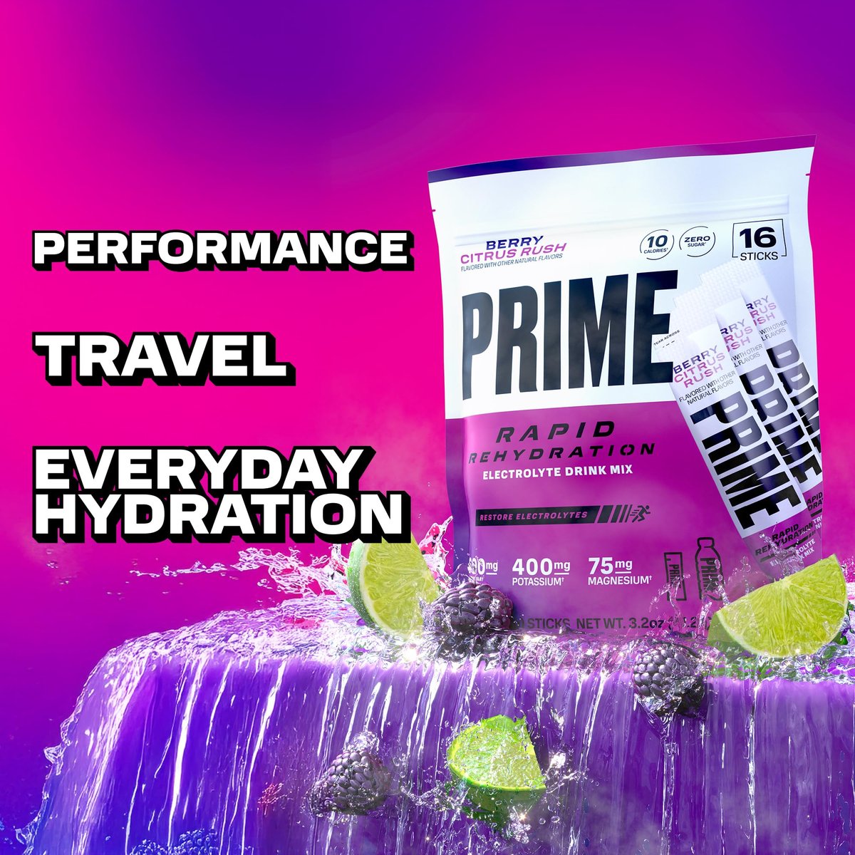 PRIME Rapid Rehydration Elektrolyt-Pulversticks, Berry Citrus Rush, Zuckerfreies Hydrationsgetränk mit Natrium, Kalium, Magnesium & B-Vitaminen, Koffeinfrei, 16 Sticks