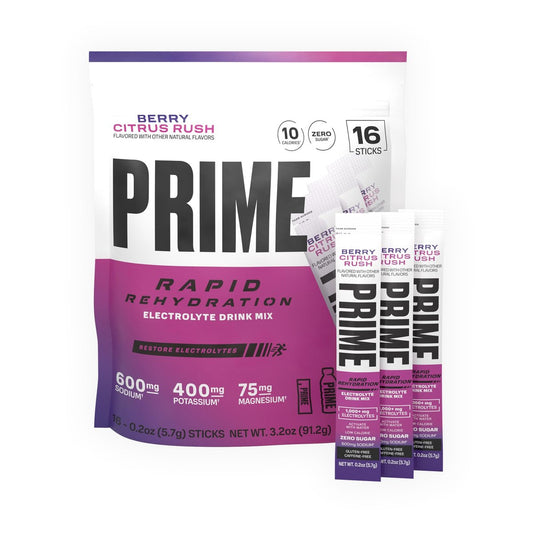 PRIME Rapid Rehydration Elektrolyt-Pulversticks, Berry Citrus Rush, Zuckerfreies Hydrationsgetränk mit Natrium, Kalium, Magnesium & B-Vitaminen, Koffeinfrei, 16 Sticks