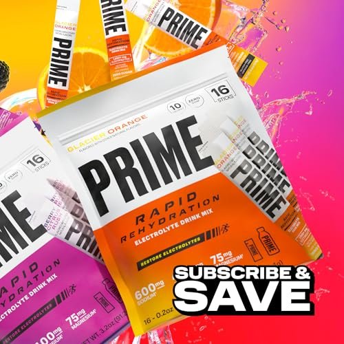 PRIME Rapid Rehydration Elektrolyt-Pulver-Sticks, Gletscherorange, Zuckerfreies Hydrationsgetränk mit Natrium, Kalium, Magnesium & B-Vitaminen zur Flüssigkeitsauffüllung, Koffeinfrei, 16 Stück