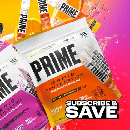 PRIME Rapid Rehydration Elektrolyt-Pulver-Sticks, Gletscherorange, Zuckerfreies Hydrationsgetränk mit Natrium, Kalium, Magnesium & B-Vitaminen zur Flüssigkeitsauffüllung, Koffeinfrei, 16 Stück