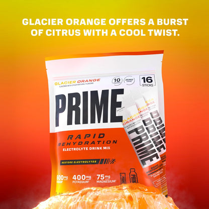PRIME Rapid Rehydration Elektrolyt-Pulver-Sticks, Gletscherorange, Zuckerfreies Hydrationsgetränk mit Natrium, Kalium, Magnesium & B-Vitaminen zur Flüssigkeitsauffüllung, Koffeinfrei, 16 Stück
