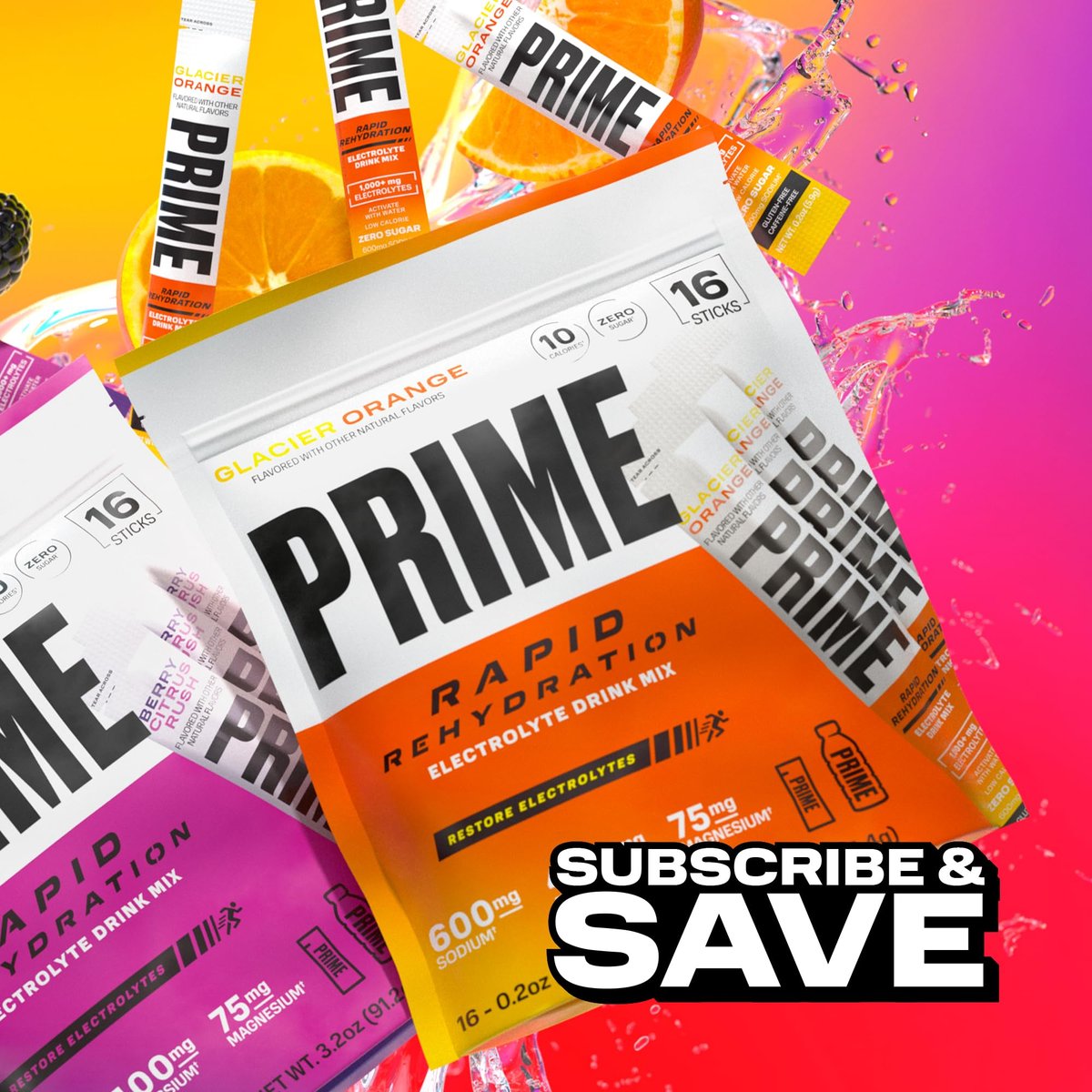 PRIME Rapid Rehydration Elektrolyt-Pulver-Sticks, Gletscherorange, Zuckerfreies Hydrationsgetränk mit Natrium, Kalium, Magnesium & B-Vitaminen zur Flüssigkeitsauffüllung, Koffeinfrei, 16 Stück