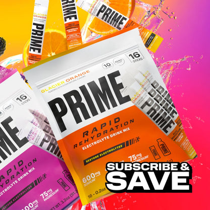 PRIME Rapid Rehydration Elektrolyt-Pulver-Sticks, Gletscherorange, Zuckerfreies Hydrationsgetränk mit Natrium, Kalium, Magnesium & B-Vitaminen zur Flüssigkeitsauffüllung, Koffeinfrei, 16 Stück