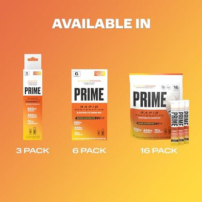 PRIME Rapid Rehydration Elektrolyt-Pulver-Sticks, Gletscherorange, Zuckerfreies Hydrationsgetränk mit Natrium, Kalium, Magnesium & B-Vitaminen zur Flüssigkeitsauffüllung, Koffeinfrei, 16 Stück