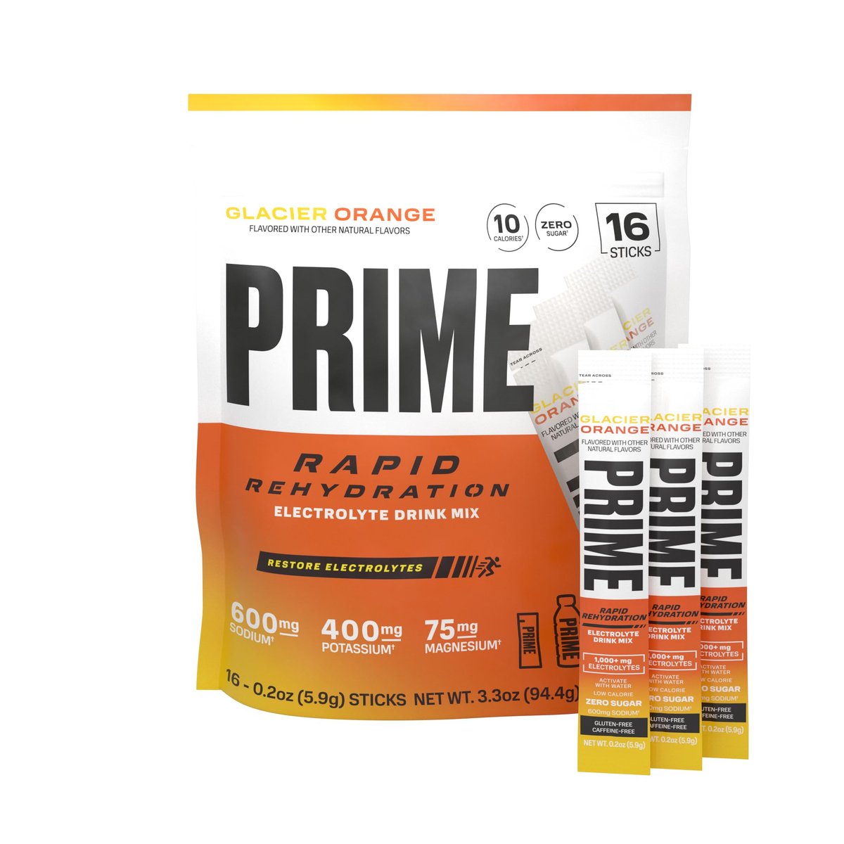 PRIME Rapid Rehydration Elektrolyt-Pulver-Sticks, Gletscherorange, Zuckerfreies Hydrationsgetränk mit Natrium, Kalium, Magnesium & B-Vitaminen zur Flüssigkeitsauffüllung, Koffeinfrei, 16 Stück