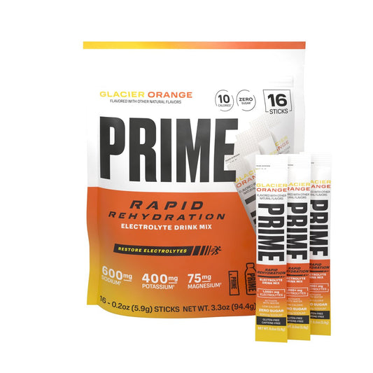 PRIME Rapid Rehydration Elektrolyt-Pulver-Sticks, Gletscherorange, Zuckerfreies Hydrationsgetränk mit Natrium, Kalium, Magnesium & B-Vitaminen zur Flüssigkeitsauffüllung, Koffeinfrei, 16 Stück